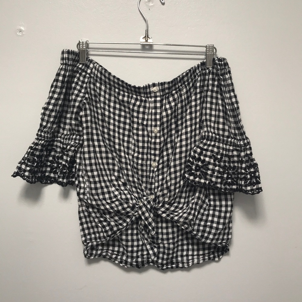Eyelet sleeve button front off the shoulder shirt